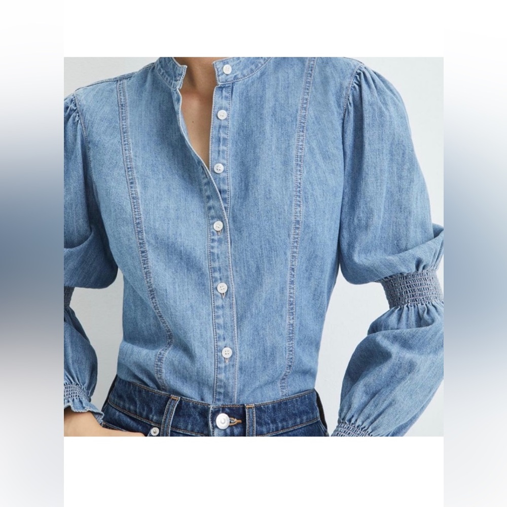 NWT Veronica Beard Dalton Smocked Puff Sleeve Denim Top